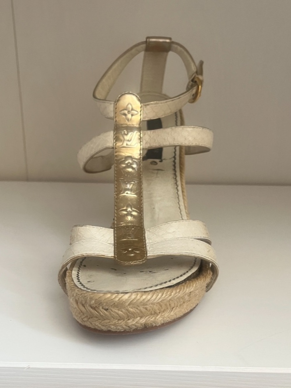 Louis Vuitton White and Gold Espadrille Wedge Sandals 6 - Picture 10 of 15